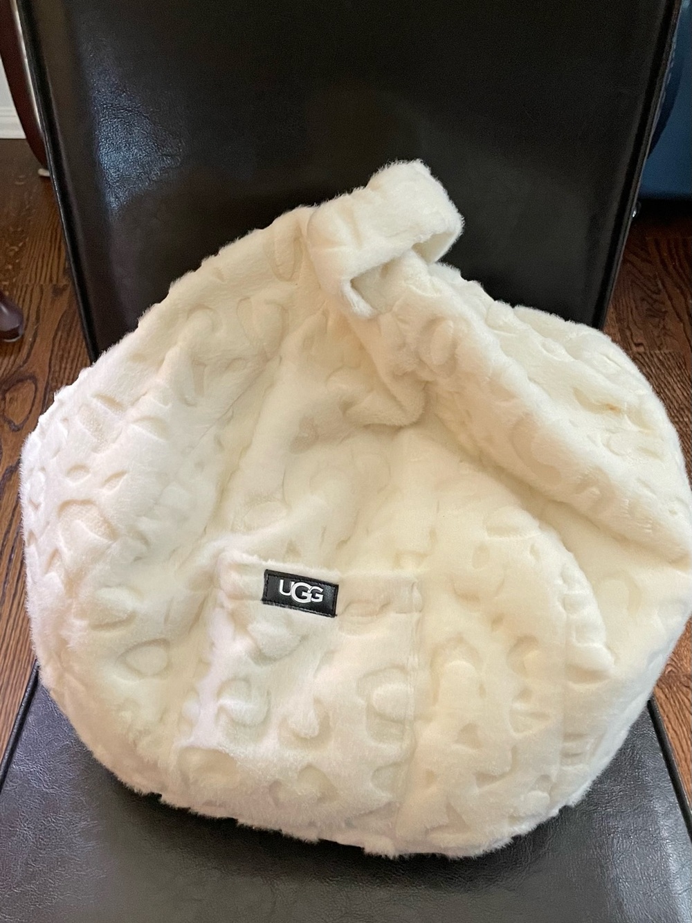 UGG Cream Textured Plush Beanie with Logo